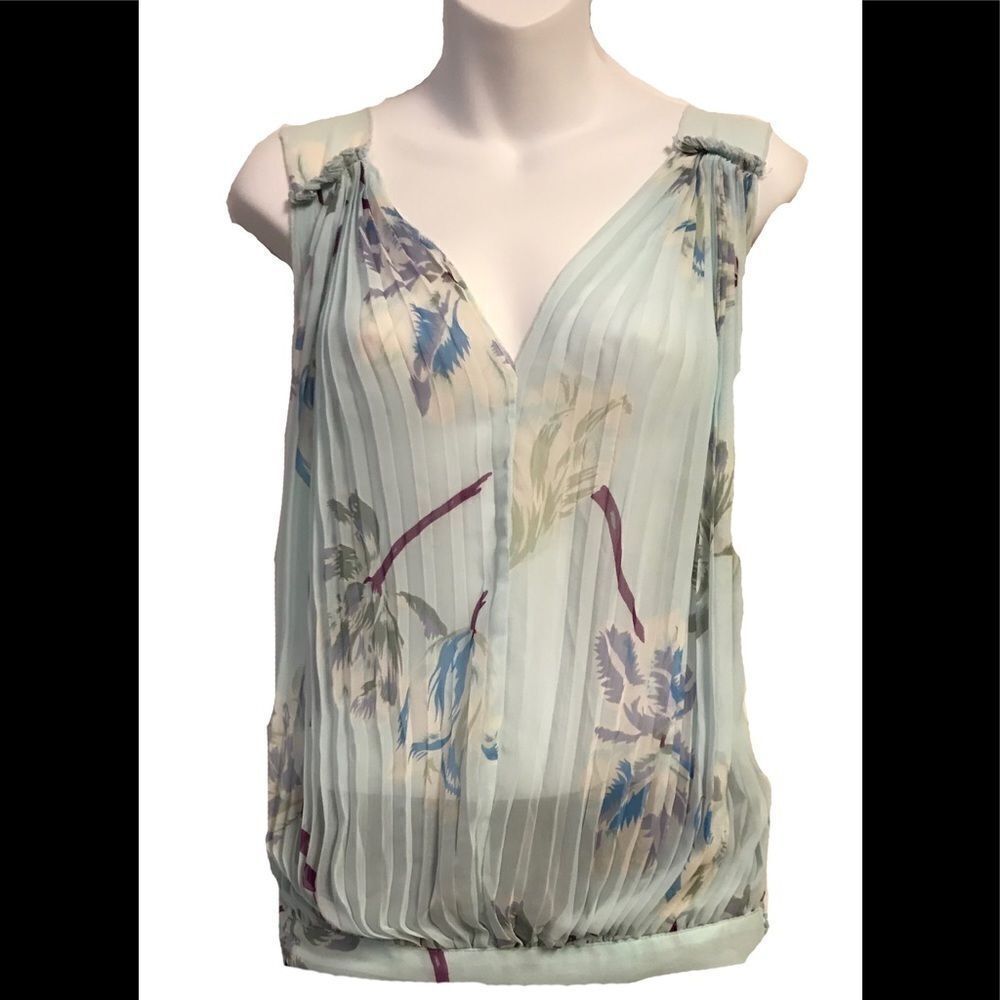 Free People Floral Ruched Sleeveless V Neckline Flowy Top Blue Medium